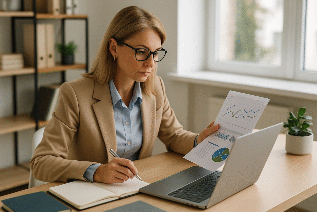 Agent sitting at laptop going over graphs and charts