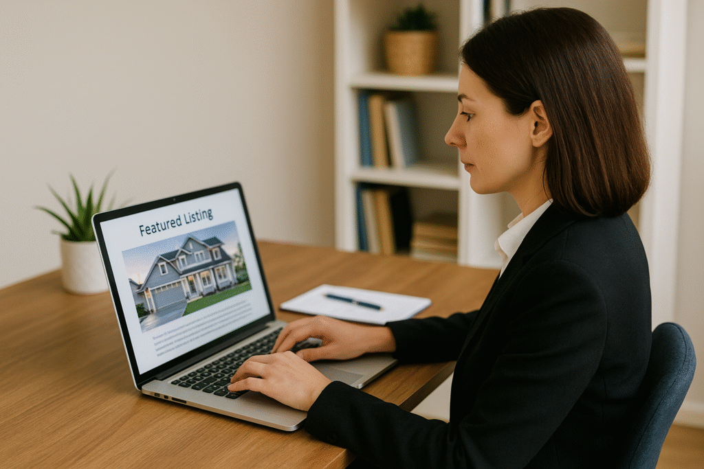 Agent at laptop preparing a featured listing page